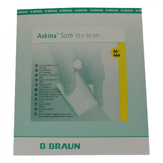 Das Produktfoto zeigt Askina Sorb Alginat Cmc Wundauflage 10x10 Cm Ste. (10 stk) PZN 02251657