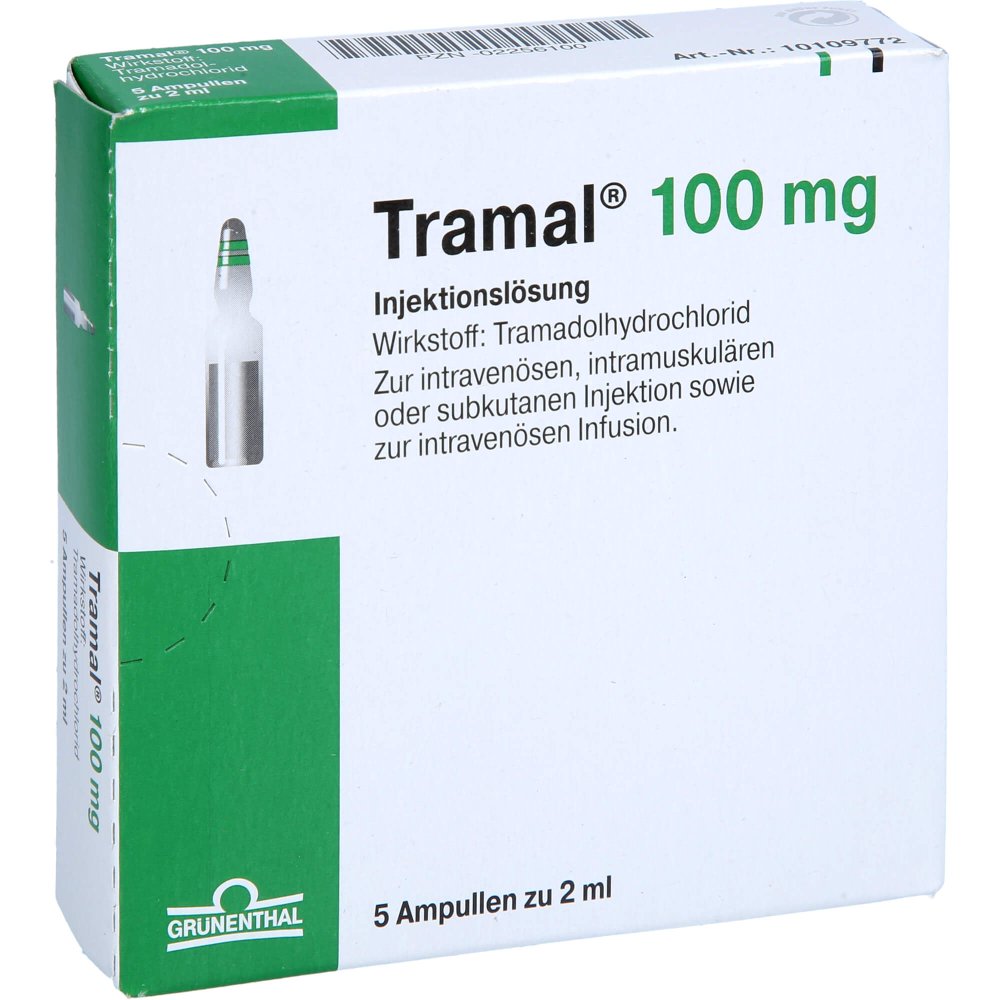 Das Produktfoto zeigt Tramal 100 Mg Injektions-/Infusionslösung (5 stk) PZN 02256100