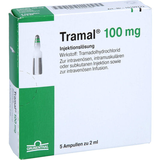 Das Produktfoto zeigt Tramal 100 Mg Injektions-/Infusionslösung (5 stk) PZN 02256100