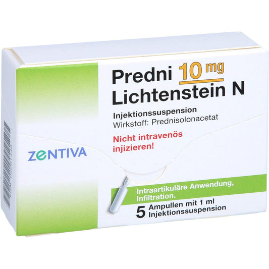 Das Produktfoto zeigt Predni 10 Mg Lichtenstein N Kristallsusp.Ampullen (5X1 ml) PZN 02261443