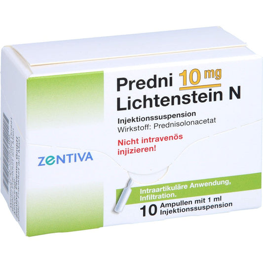 Das Produktfoto zeigt Predni 10 Mg Lichtenstein N Kristallsusp.Ampullen (10X1 ml) PZN 02261466