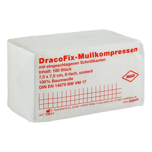 Das Produktfoto zeigt Dracofix Op-Kompressen 7,5x7,5 Cm Unsteril 8fach (100 stk) PZN 02268505