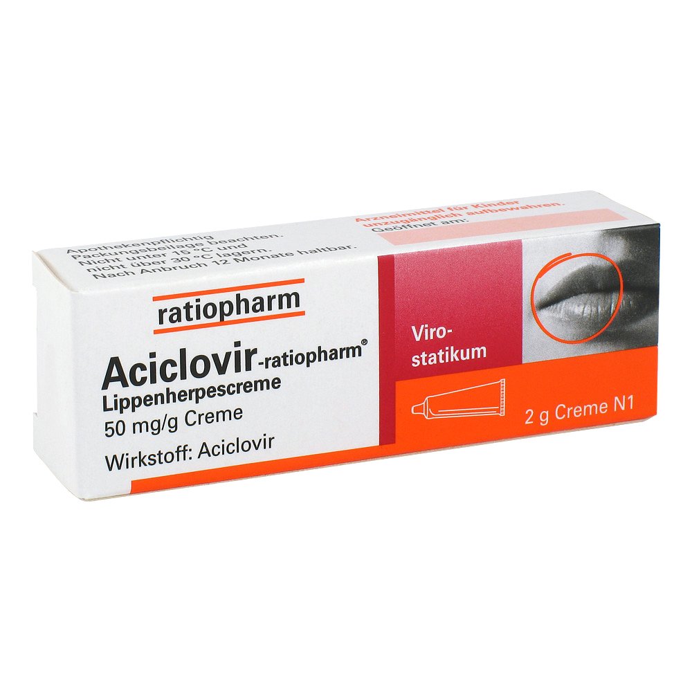 Das Produktfoto zeigt Aciclovir-Ratiopharm Lippenherpescreme (2 g) PZN 02286360