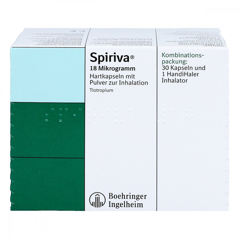Das Produktfoto zeigt Spiriva 18 Μg Hartkaps.M.Plv.Z.Inhalat.+Handihaler (30 stk) PZN 02286532