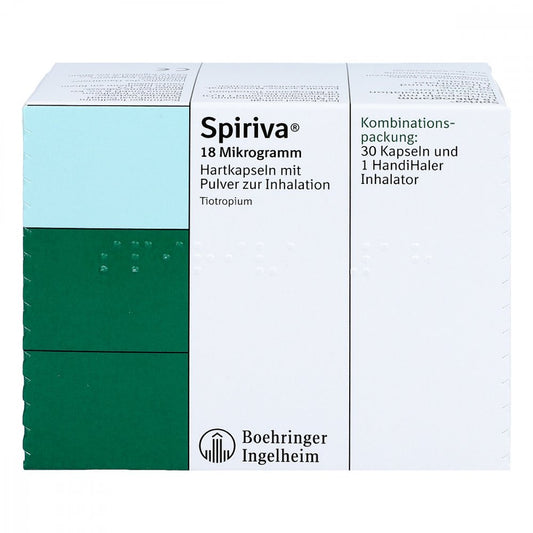 Das Produktfoto zeigt Spiriva 18 Μg Hartkaps.M.Plv.Z.Inhalat.+Handihaler (30 stk) PZN 02286532