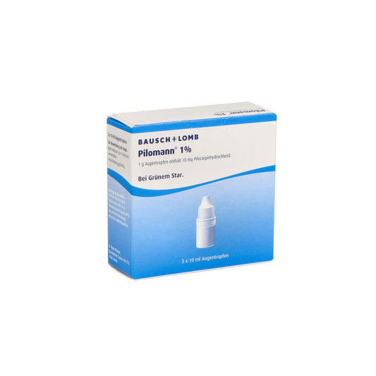 Das Produktfoto zeigt Pilomann 1% Augentropfen (3X10 ml) PZN 02294715