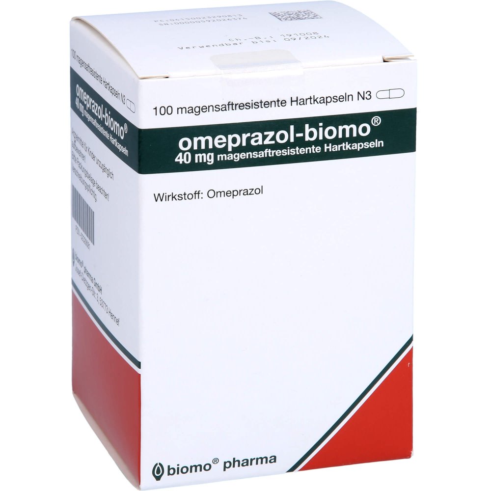 Das Produktfoto zeigt Omeprazol-Biomo 40 Mg Magensaftres.Hartkapseln (100 stk) PZN 02329081