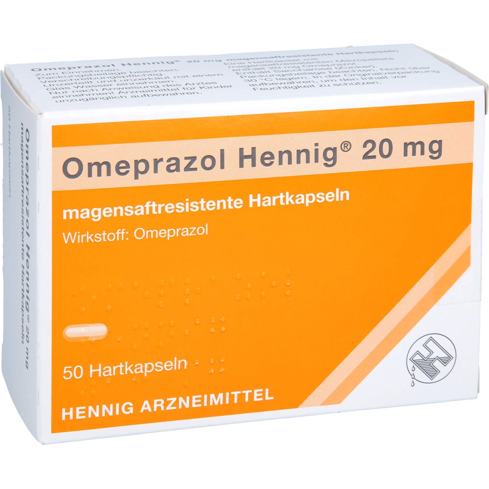 Das Produktfoto zeigt Omeprazol Hennig 20 Mg Magensaftres.Hartkaps. (50 stk) PZN 02331267