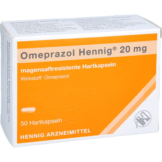 Das Produktfoto zeigt Omeprazol Hennig 20 Mg Magensaftres.Hartkaps. (50 stk) PZN 02331267