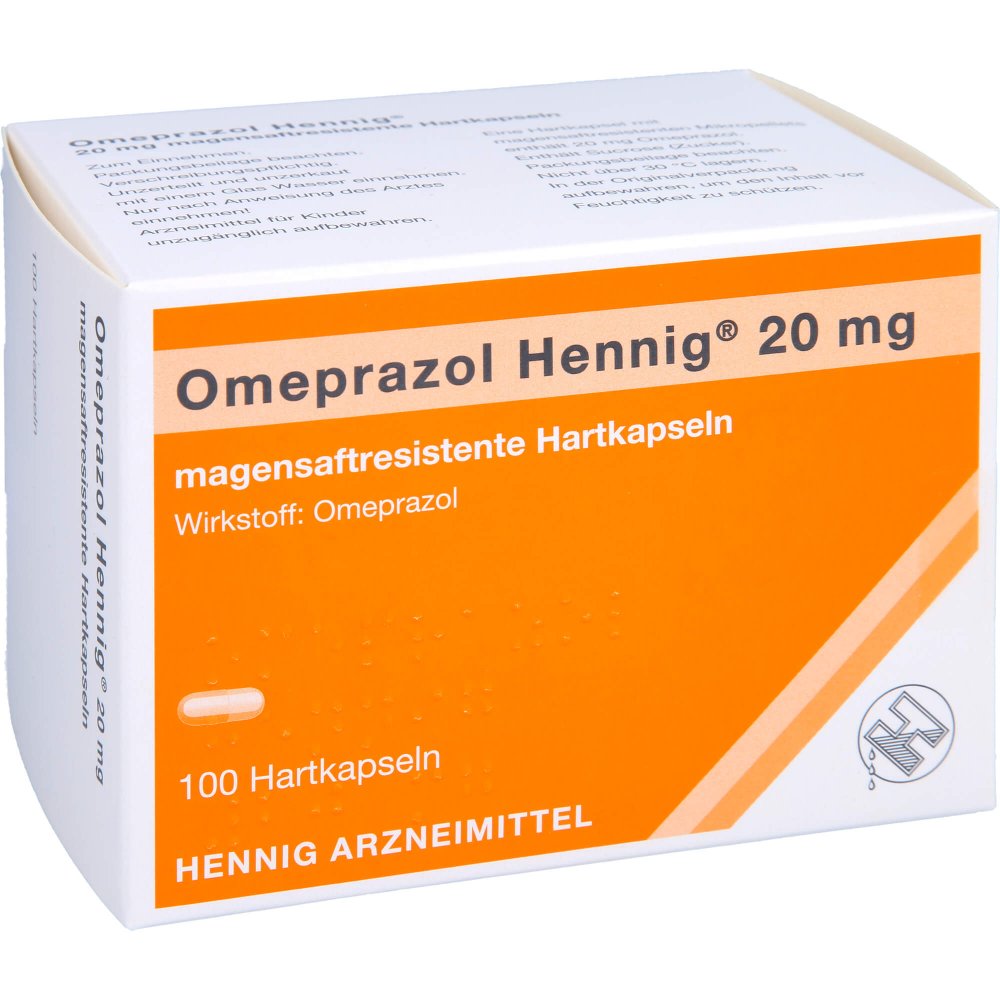 Das Produktfoto zeigt Omeprazol Hennig 20 Mg Magensaftres.Hartkaps. (100 stk) PZN 02331296