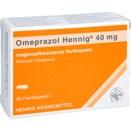 Das Produktfoto zeigt Omeprazol Hennig 40 Mg Magensaftres.Hartkaps. (30 stk) PZN 02331310