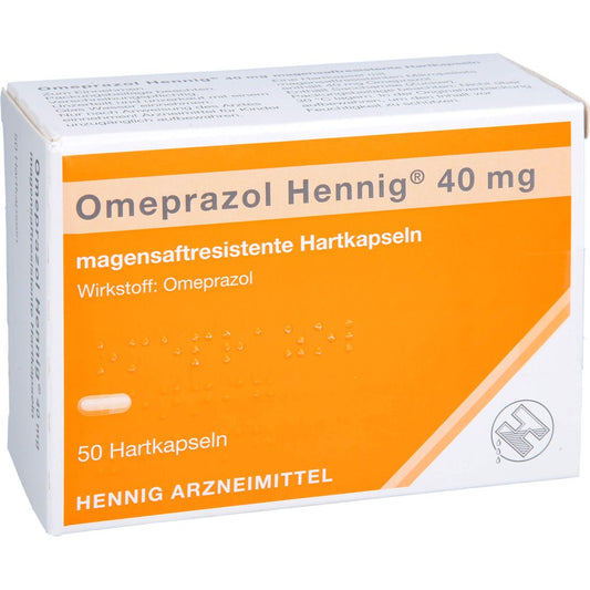 Das Produktfoto zeigt Omeprazol Hennig 40 Mg Magensaftres.Hartkaps. (50 stk) PZN 02331327