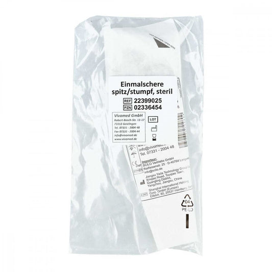 Das Produktfoto zeigt Einmal Verbandschere Steril Spitz/Stumpf (1 stk) PZN 02336454