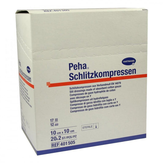 Das Produktfoto zeigt Peha Schlitzkompressen 10x10 Cm Steril (20X2 stk) PZN 02343744