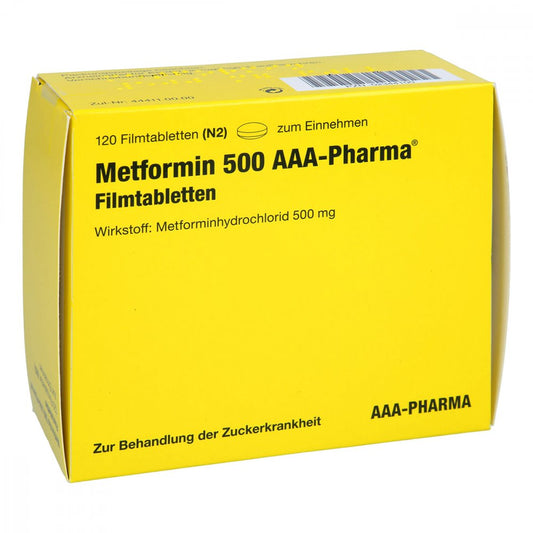 Das Produktfoto zeigt Metformin 500 Mg Aaa-Pharma Filmtabletten (120 stk) PZN 02344100