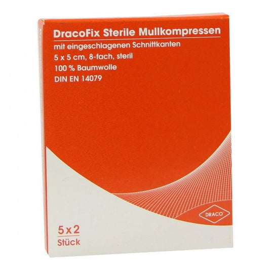 Das Produktfoto zeigt Dracofix Peel Kompressen 5x5 Cm Steril 8fach (5X2 stk) PZN 02358674
