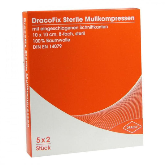 Das Produktfoto zeigt Dracofix Peel Kompressen 10x10 Cm Steril 8fach (5X2 stk) PZN 02358711
