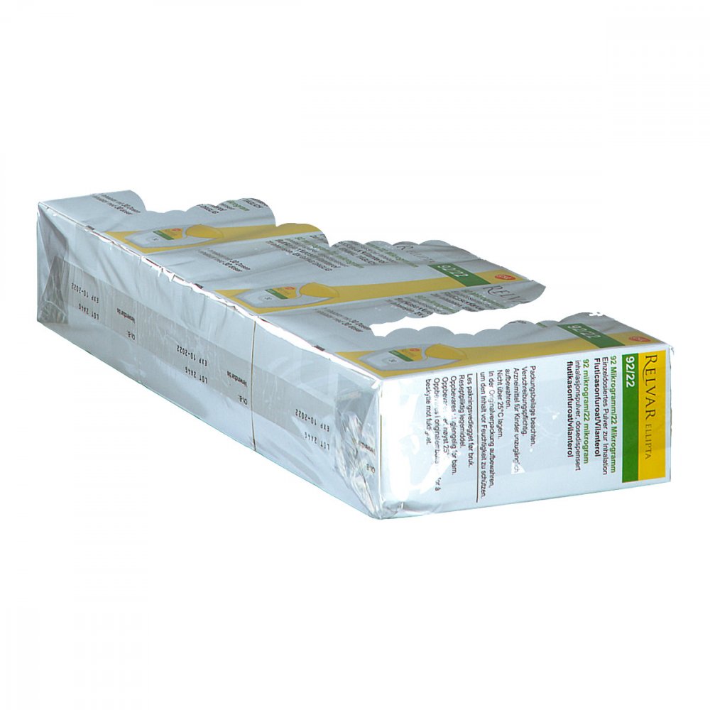 Das Produktfoto zeigt Relvar Ellipta 92 Mikrogramm/22 Mikrogramm Inh.-P. (3X30 stk) PZN 02359981