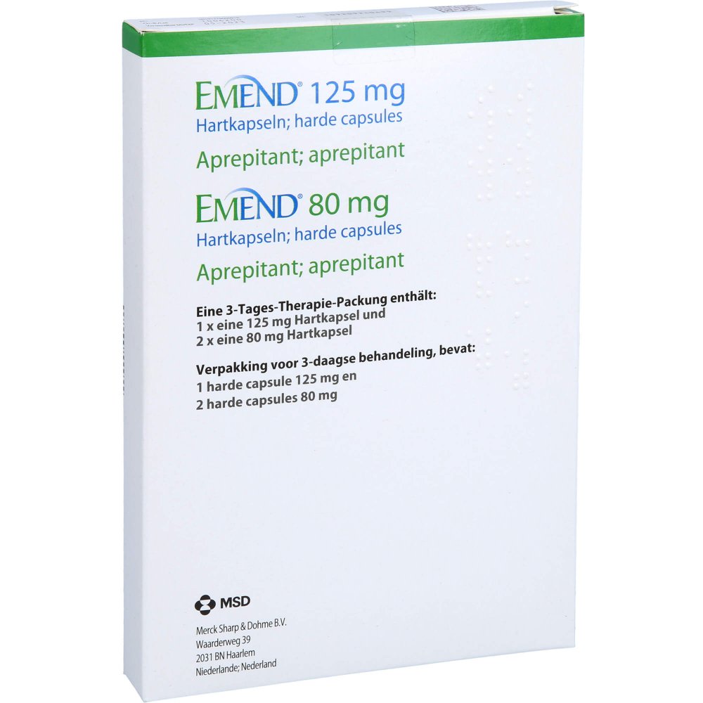 Das Produktfoto zeigt Emend 125 Mg/80 Mg Hartkapseln (3 stk) PZN 02364404