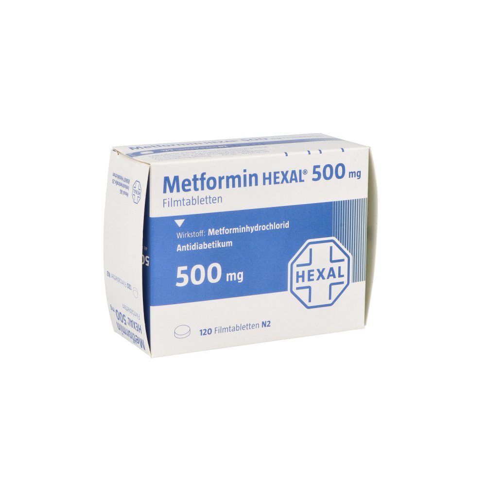 Das Produktfoto zeigt Metformin Hexal 500 Mg Filmtabletten (120 stk) PZN 02386498