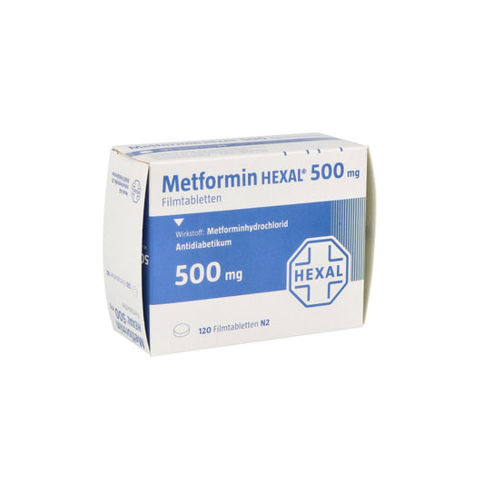 Das Produktfoto zeigt Metformin Hexal 500 Mg Filmtabletten (120 stk) PZN 02386498