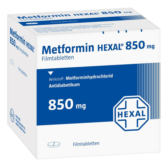 Das Produktfoto zeigt Metformin Hexal 850 Mg Filmtabletten (120 stk) PZN 02386512