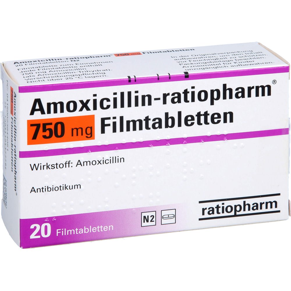 Das Produktfoto zeigt Amoxicillin-Ratiopharm 750 Mg Filmtabletten (20 stk) PZN 02394405