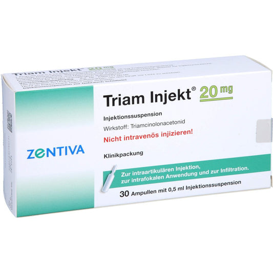 Das Produktfoto zeigt Triam Injekt 20 Mg Kristallsuspension In Ampullen (30X0.5 ml) PZN 02395020