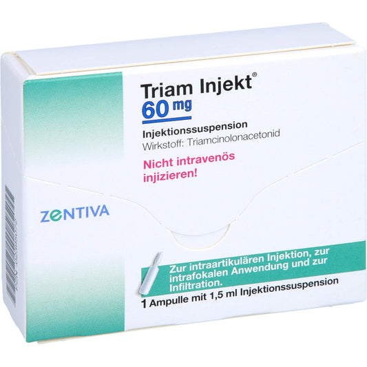 Das Produktfoto zeigt Triam Injekt 60 Mg Kristallsuspension In Ampullen (1X1.5 ml) PZN 02395072