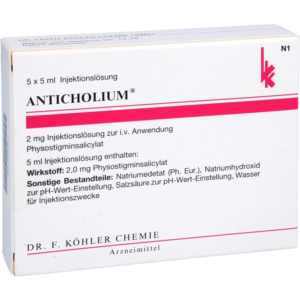 Das Produktfoto zeigt Anticholium Ampullen (5X5 ml) PZN 02398142