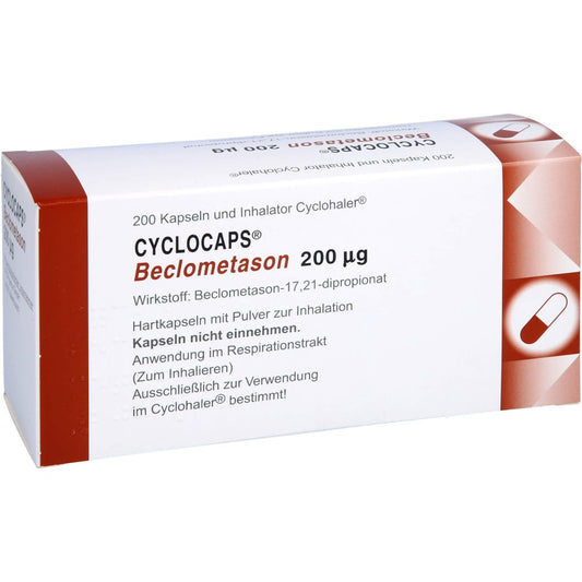 Das Produktfoto zeigt Cyclocaps Beclometason 200 Μg Inh.Kaps.+Cyclohaler (200 stk) PZN 02417922