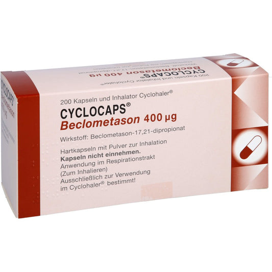 Das Produktfoto zeigt Cyclocaps Beclometason 400 Μg Inh.Kaps.+Cyclohaler (200 stk) PZN 02417939