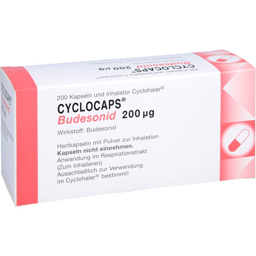 Das Produktfoto zeigt Cyclocaps Budesonid 200 Μg Inh.Kaps.+Cyclohaler (200 stk) PZN 02417945