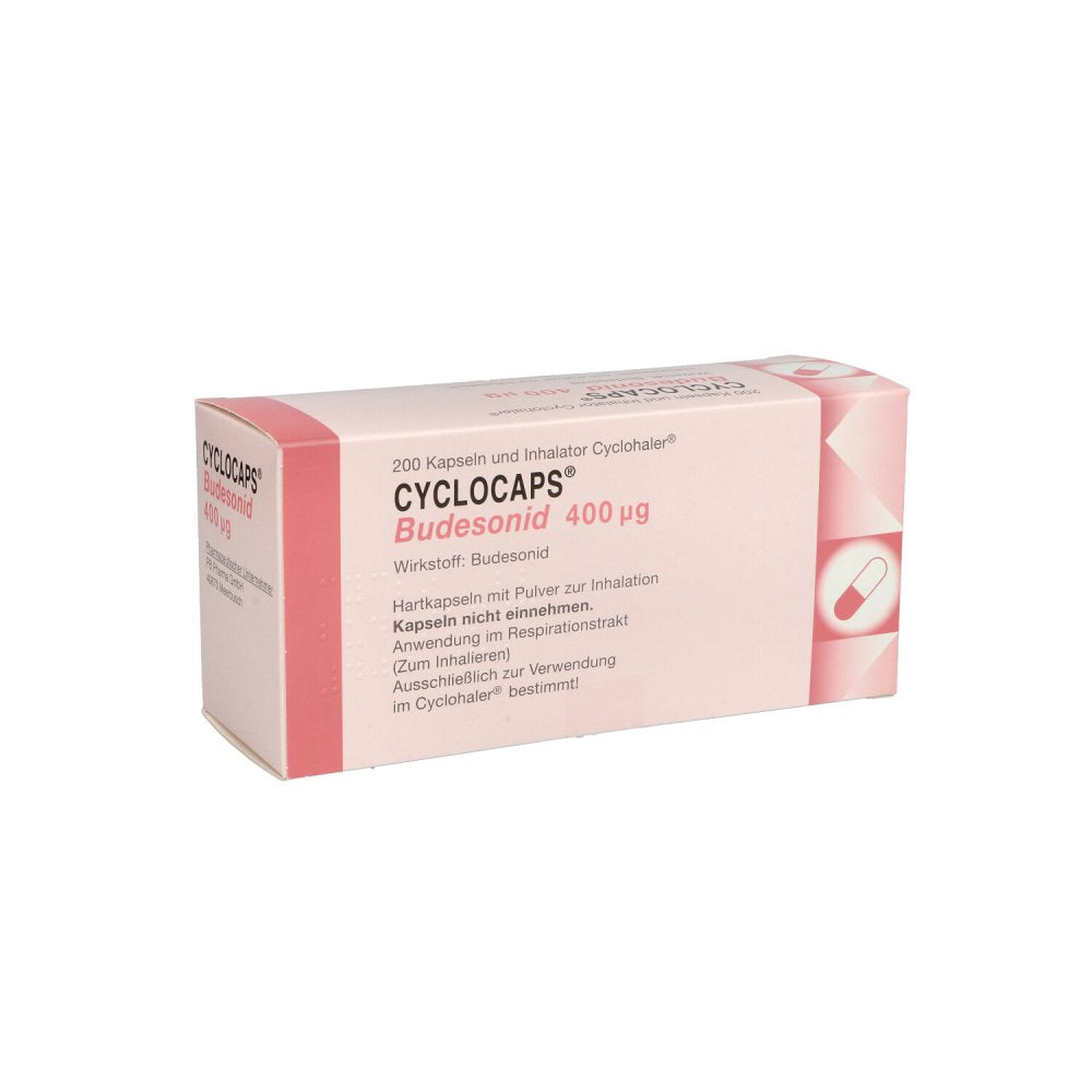 Das Produktfoto zeigt Cyclocaps Budesonid 400 Μg Inh.Kaps.+Cyclohaler (200 stk) PZN 02418005