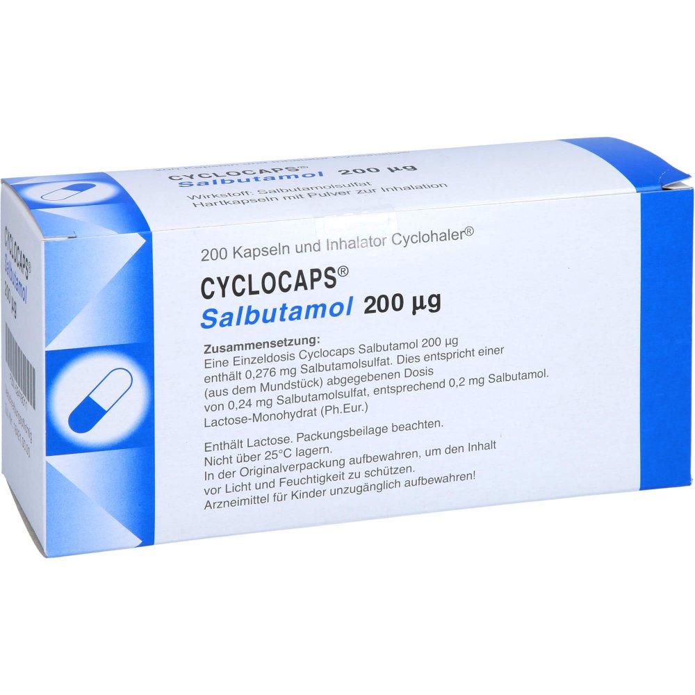 Das Produktfoto zeigt Cyclocaps Salbutamol 200 Μg Inh.Kaps.+Cyclohaler (200 stk) PZN 02418011