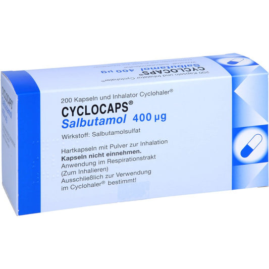 Das Produktfoto zeigt Cyclocaps Salbutamol 400 Μg Inh.Kaps.+Cyclohaler (200 stk) PZN 02418028