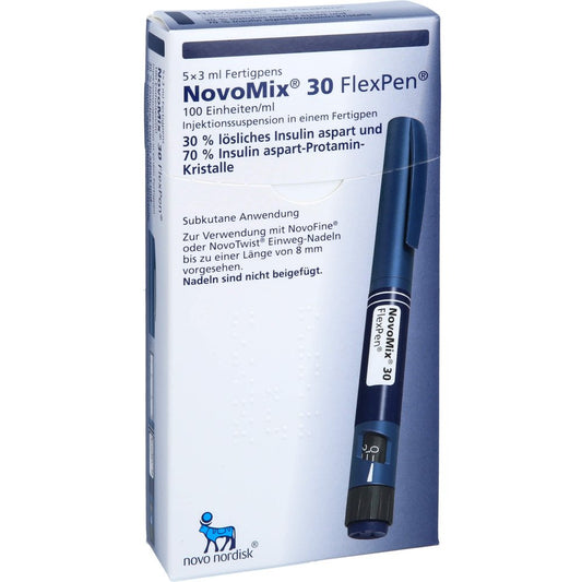 Das Produktfoto zeigt Novomix 30 Flexpen 100 E/Ml Inj.-Susp.Fertigpen (5X3 ml) PZN 02430176