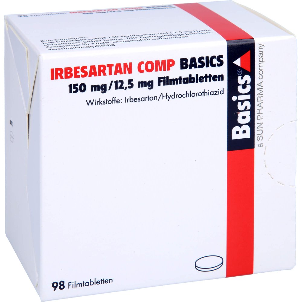 Das Produktfoto zeigt Irbesartan Comp Basics 150 Mg/12,5 Mg Filmtabl. (98 stk) PZN 02460065