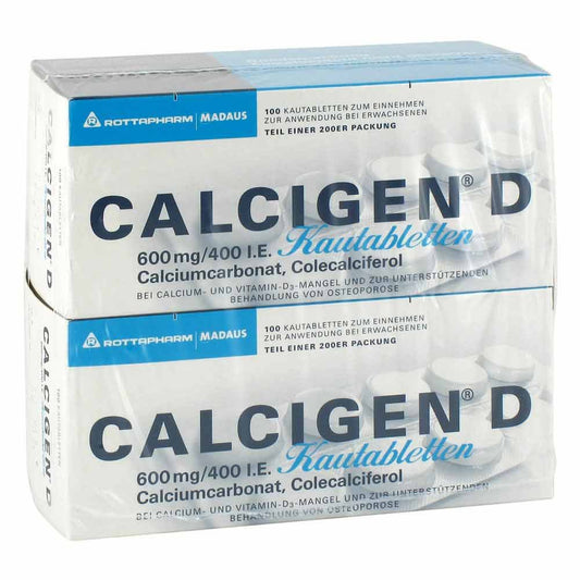 Das Produktfoto zeigt Calcigen D 600 Mg/400 I.E. Kautabletten (200 stk) PZN 02470170