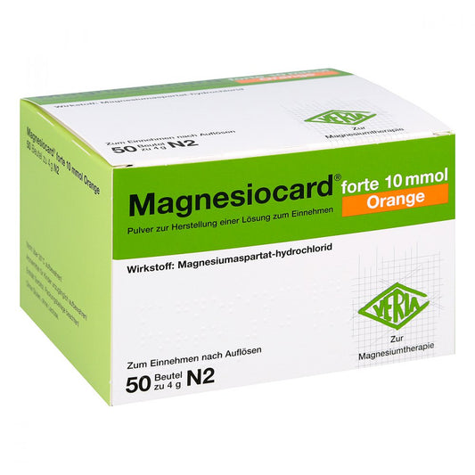 Das Produktfoto zeigt Magnesiocard Forte 10 Mmol Orange Plv.Z.H.E.L.Z.E. (50 stk) PZN 02470342