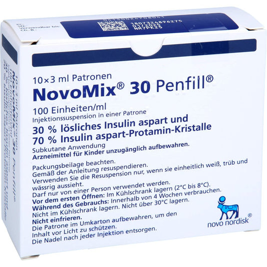 Das Produktfoto zeigt Novomix 30 Penfill 100 E/Ml Injek.Susp.Patrone 3ml (10X3 ml) PZN 02470804