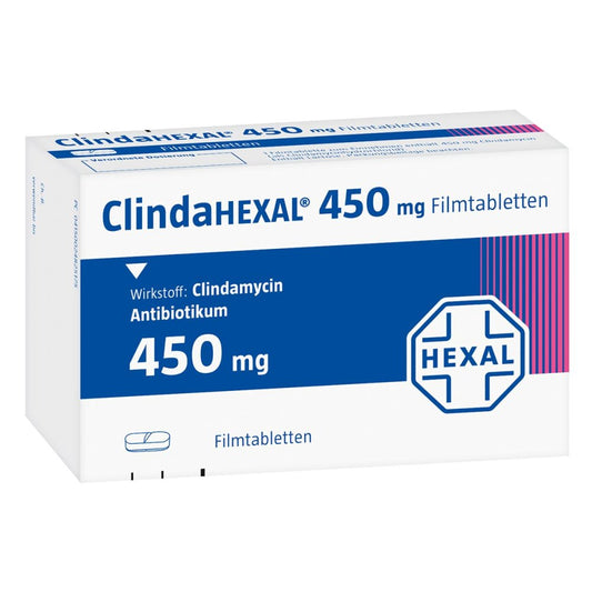 Das Produktfoto zeigt Clindahexal 450 Mg Filmtabletten (12 stk) PZN 02482500