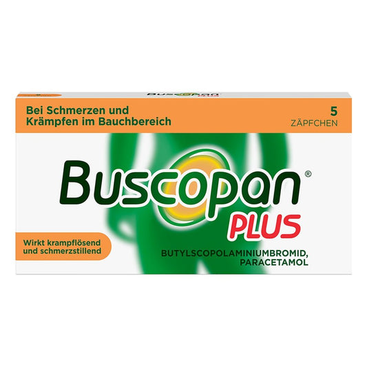 Das Produktfoto zeigt Buscopan Plus 10 Mg/800 Mg Suppositorien (5 stk) PZN 02483652