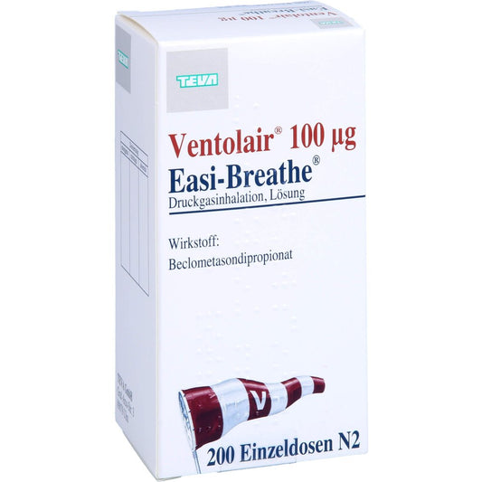 Das Produktfoto zeigt Ventolair 100 Μg 200 Hub Easi Breathe Dos.-Aerosol (1 stk) PZN 02484315