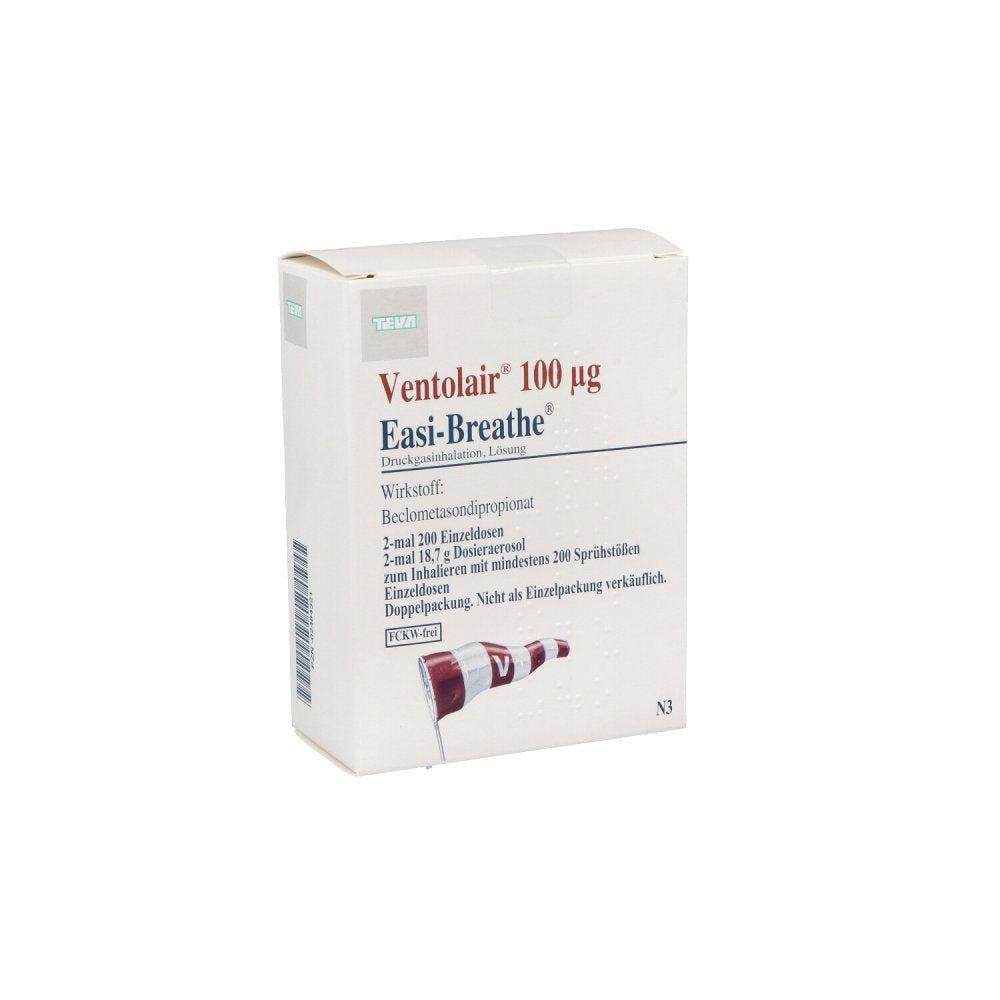 Das Produktfoto zeigt Ventolair 100 Μg 200 Hub Easi Breathe Dos.-Aerosol (2 stk) PZN 02484321