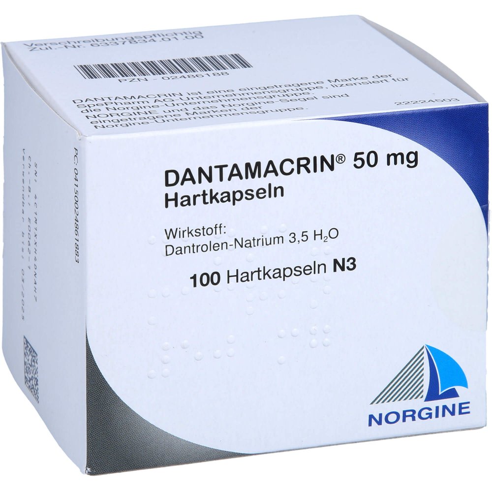 Das Produktfoto zeigt Dantamacrin 50 Mg Hartkapseln (100 stk) PZN 02486188