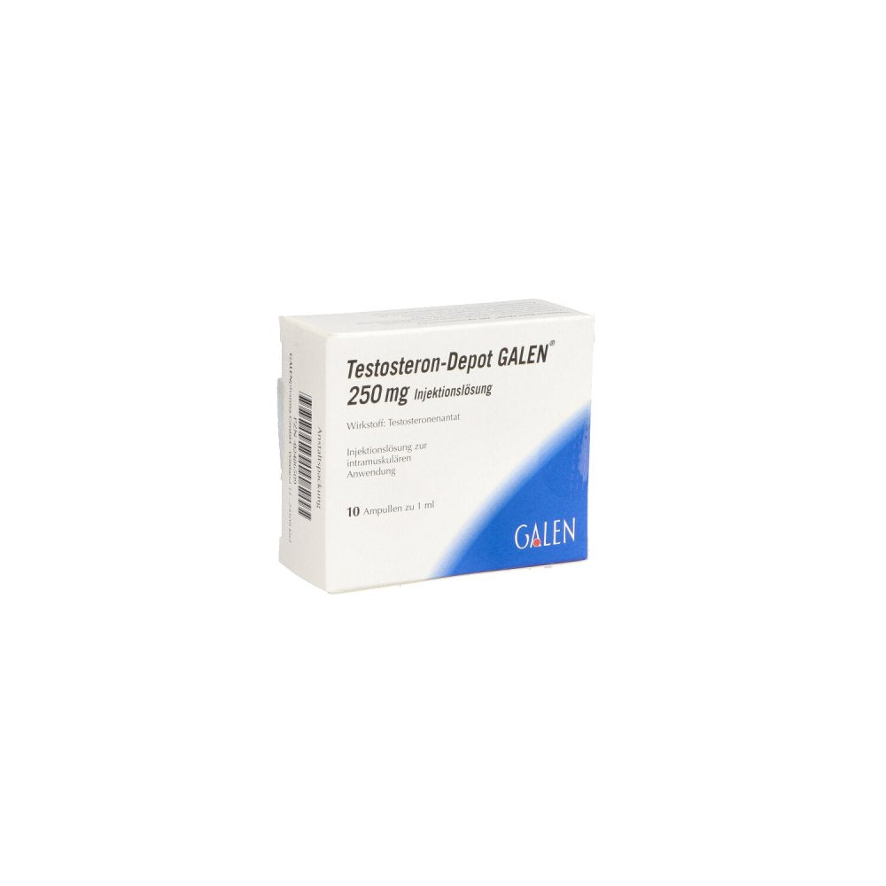 Das Produktfoto zeigt Testosteron-Depot Galen 250 Mg Injektionslösung (10X1 ml) PZN 02486509