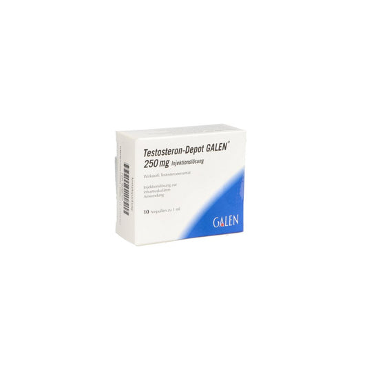 Das Produktfoto zeigt Testosteron-Depot Galen 250 Mg Injektionslösung (10X1 ml) PZN 02486509