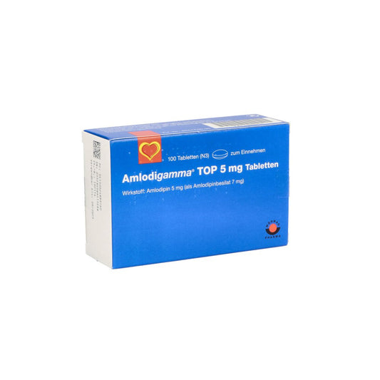 Das Produktfoto zeigt Amlodigamma Top 5 Mg Tabletten (100 stk) PZN 02488916