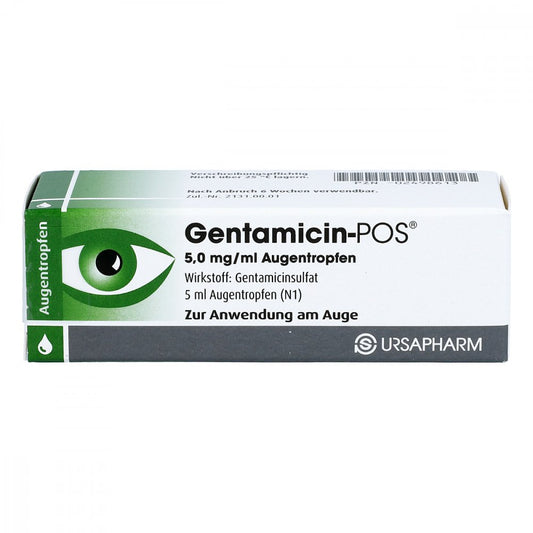 Das Produktfoto zeigt Gentamicin Pos Augentropfen (5 ml) PZN 02498613